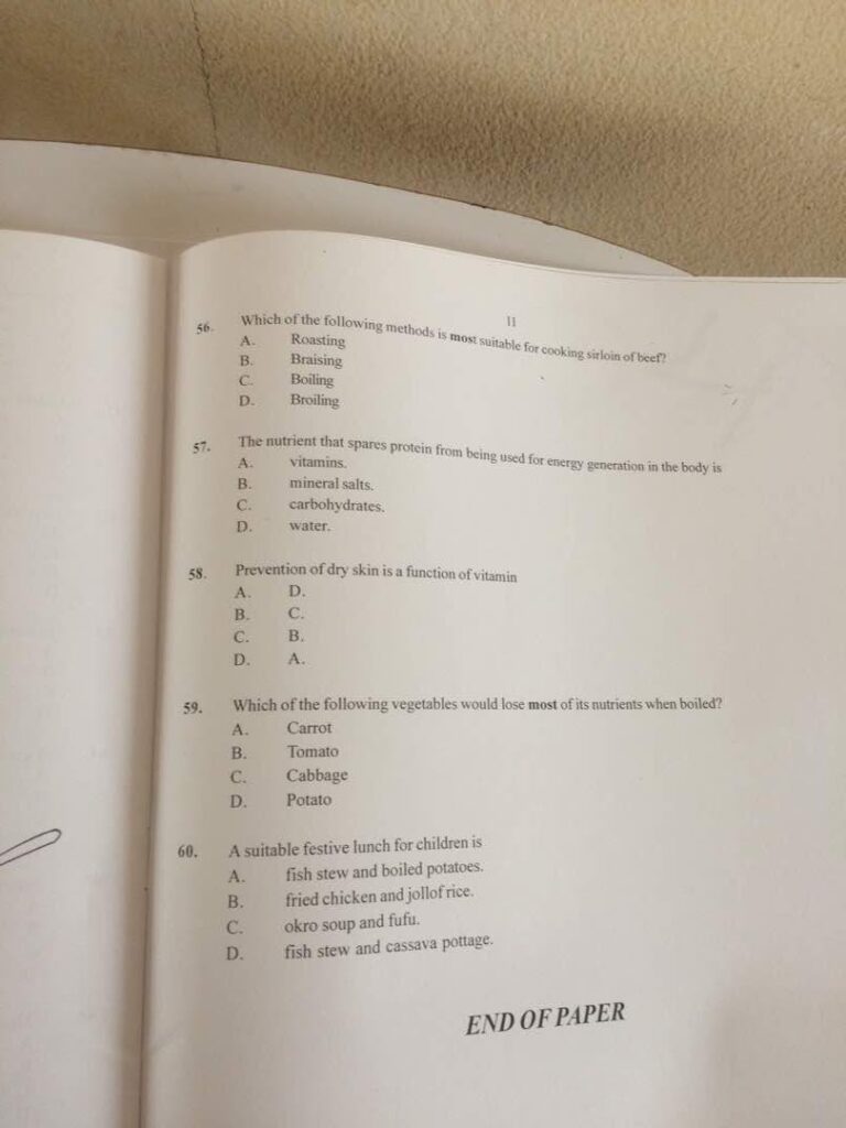 Food and Nutrition Waec 2023/2024 Past Questions and Answers